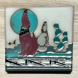 Vintage Cleo Teissedre Ceramic Tile Desert Aztec Coaster Hand Painted Coyote